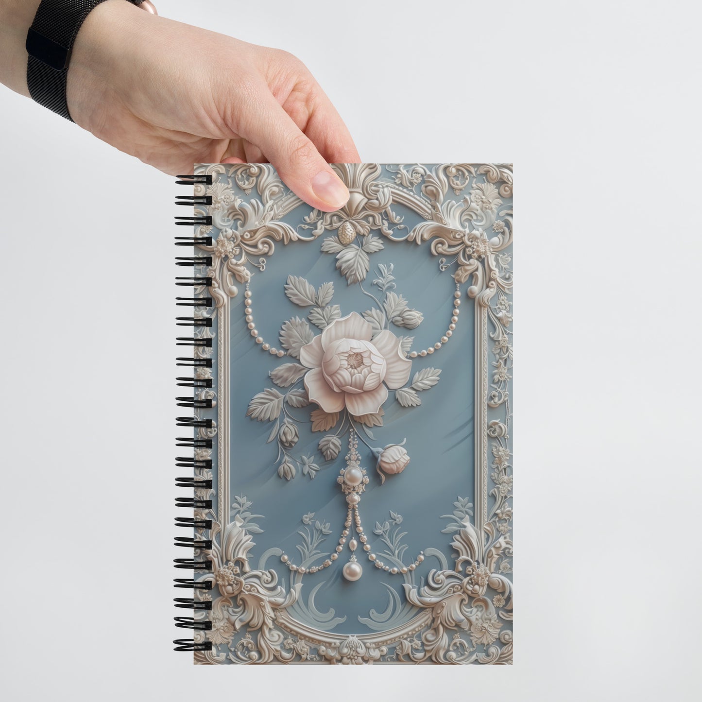 Beautiful Vintage Baroque Golden Framed Rose Pearls Blue Notebook