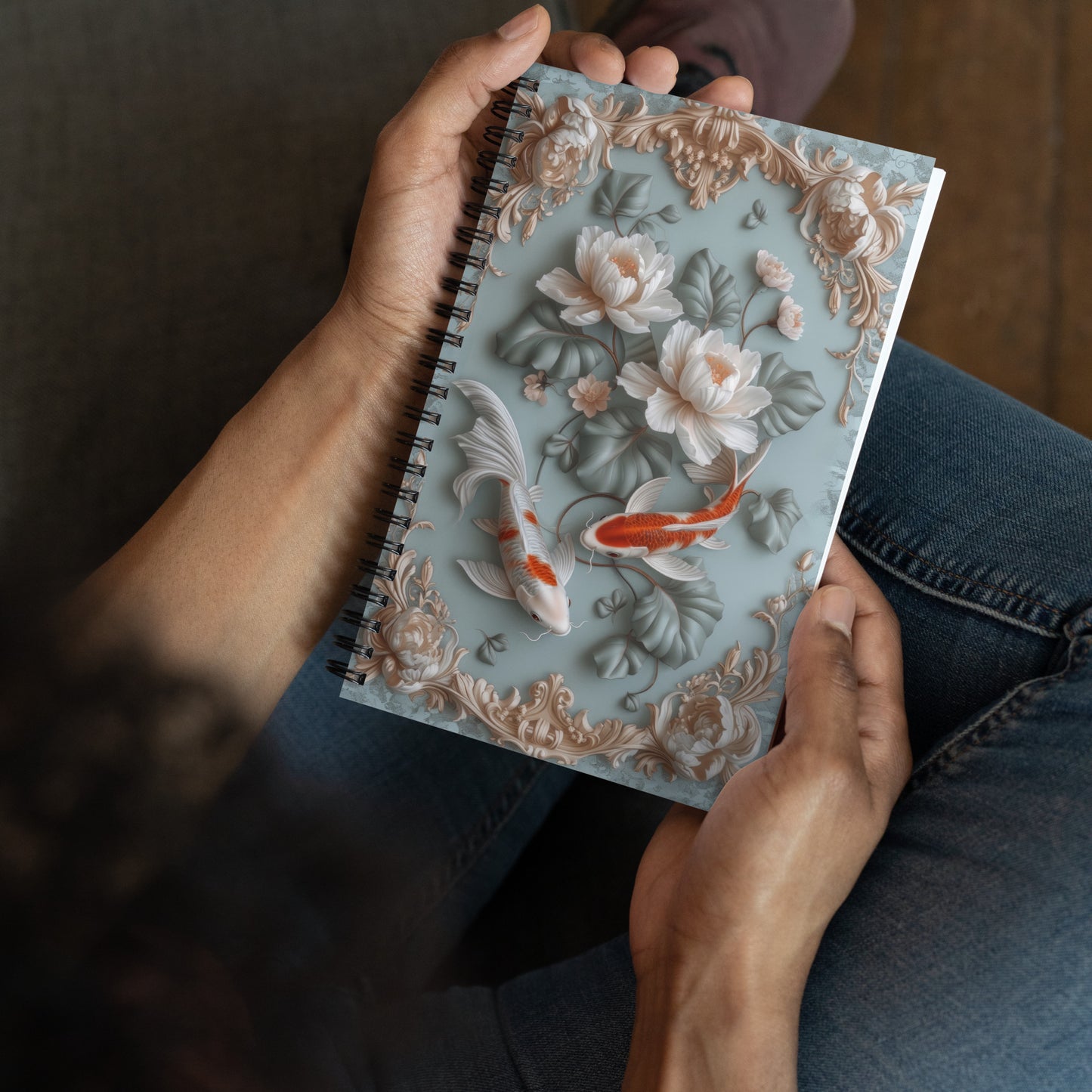 Beautiful Vintage Baroque Golden Framed Koi Fish Blue Notebook