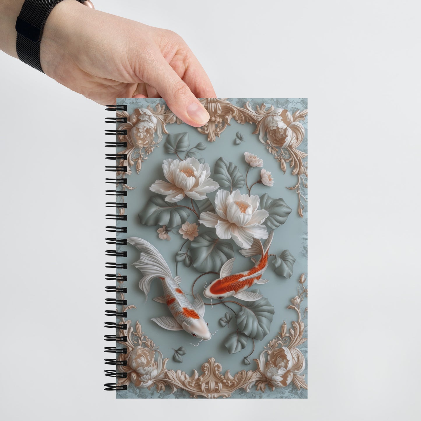 Beautiful Vintage Baroque Golden Framed Koi Fish Blue Notebook