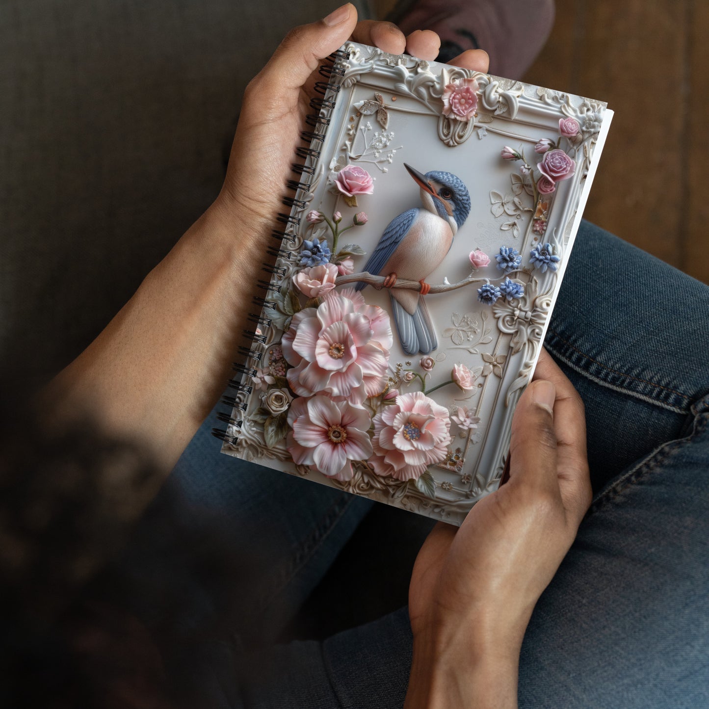 Beautiful Vintage Baroque Porcelain Gold Frame Bird Blue Notebook