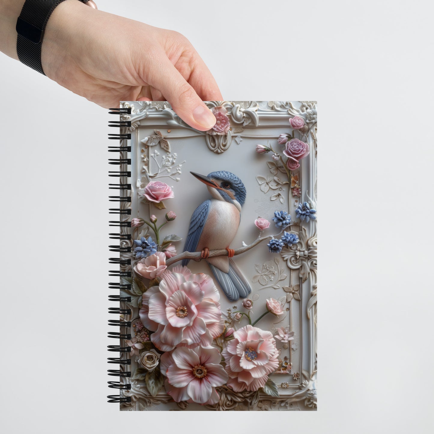 Beautiful Vintage Baroque Porcelain Gold Frame Bird Blue Notebook