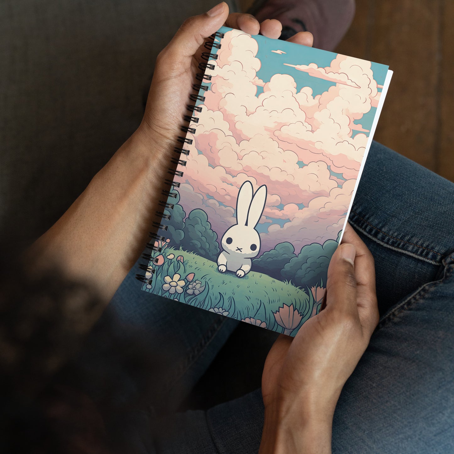 Kawaii Small Anime Rabbit Sunset Spring Field Drawing Notebook