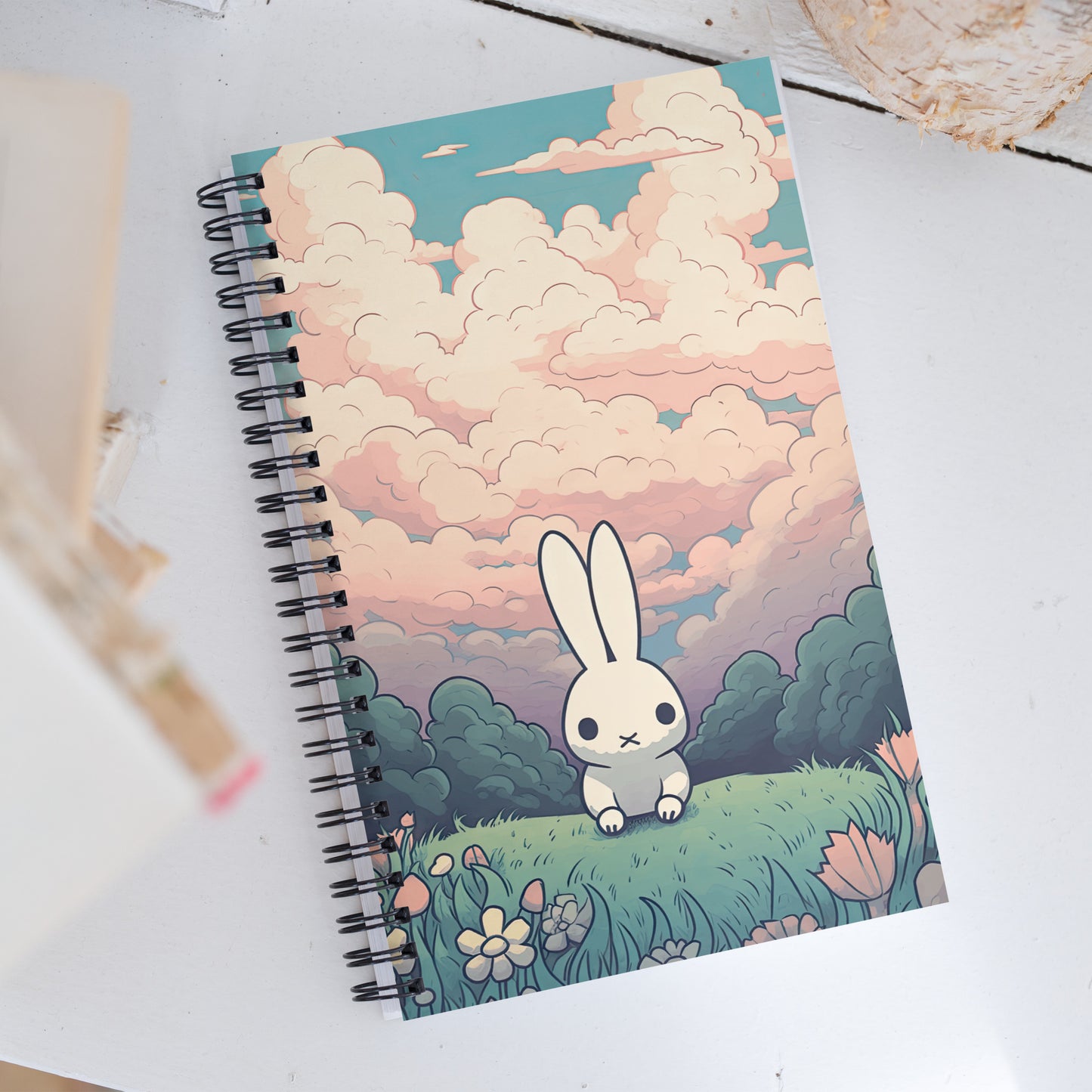 Kawaii Small Anime Rabbit Sunset Spring Field Drawing Notebook