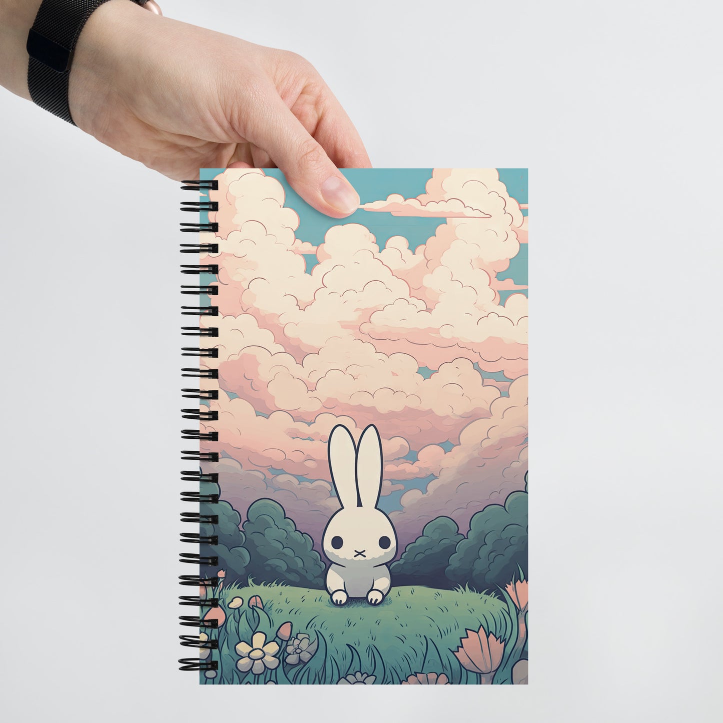 Kawaii Small Anime Rabbit Sunset Spring Field Drawing Notebook