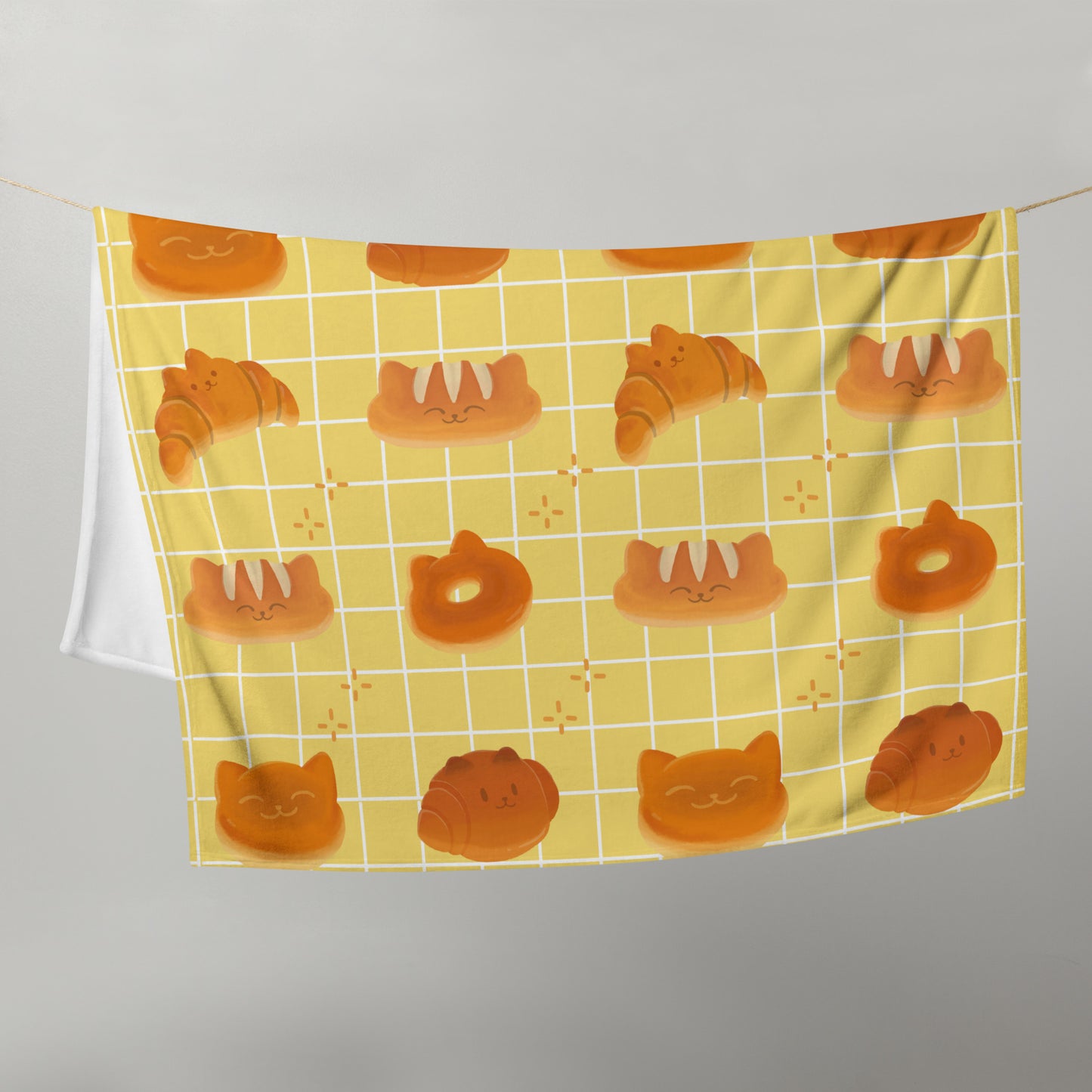 Adorable Cat Croissant Kawaii Cartoon Bakery Yellow Plaid Throw Blanket