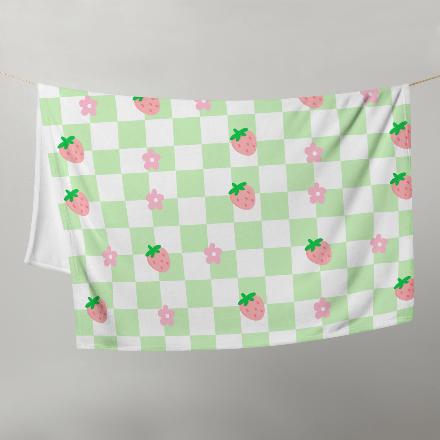 Cute Retro Green Pink Strawberry Checker Y2K 90's Plaid Throw Blanket