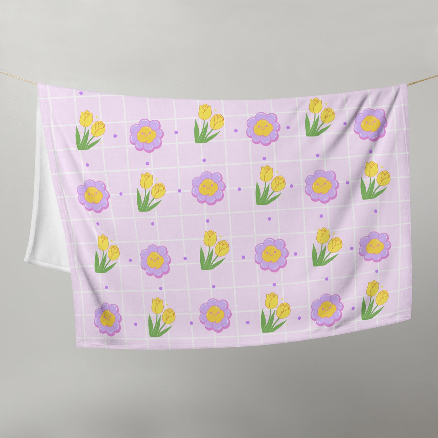 Adorable Purple Retro Checker Y2K Yellow Tulip Doodle Flower Throw Blanket