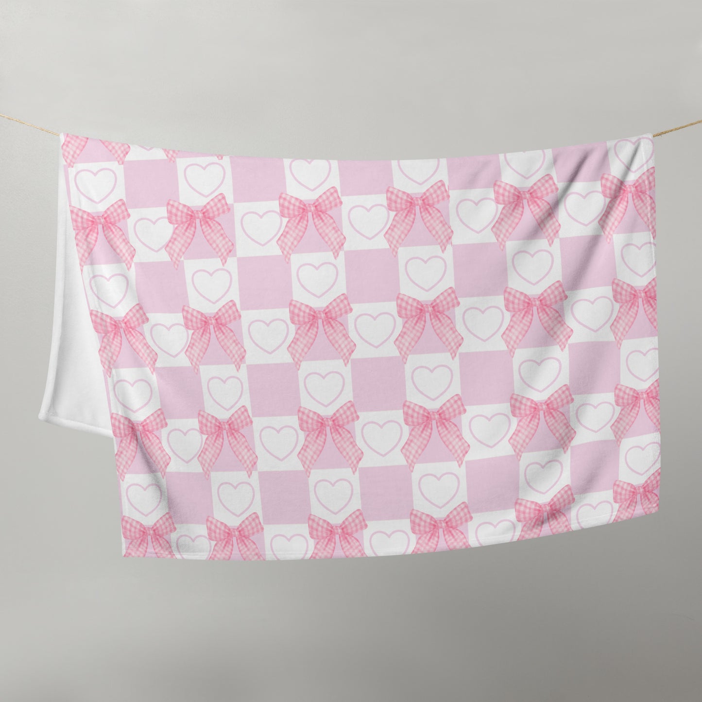 Adorable Kawaii Pink Coquette Bow Hearts Plaid Throw Blanket