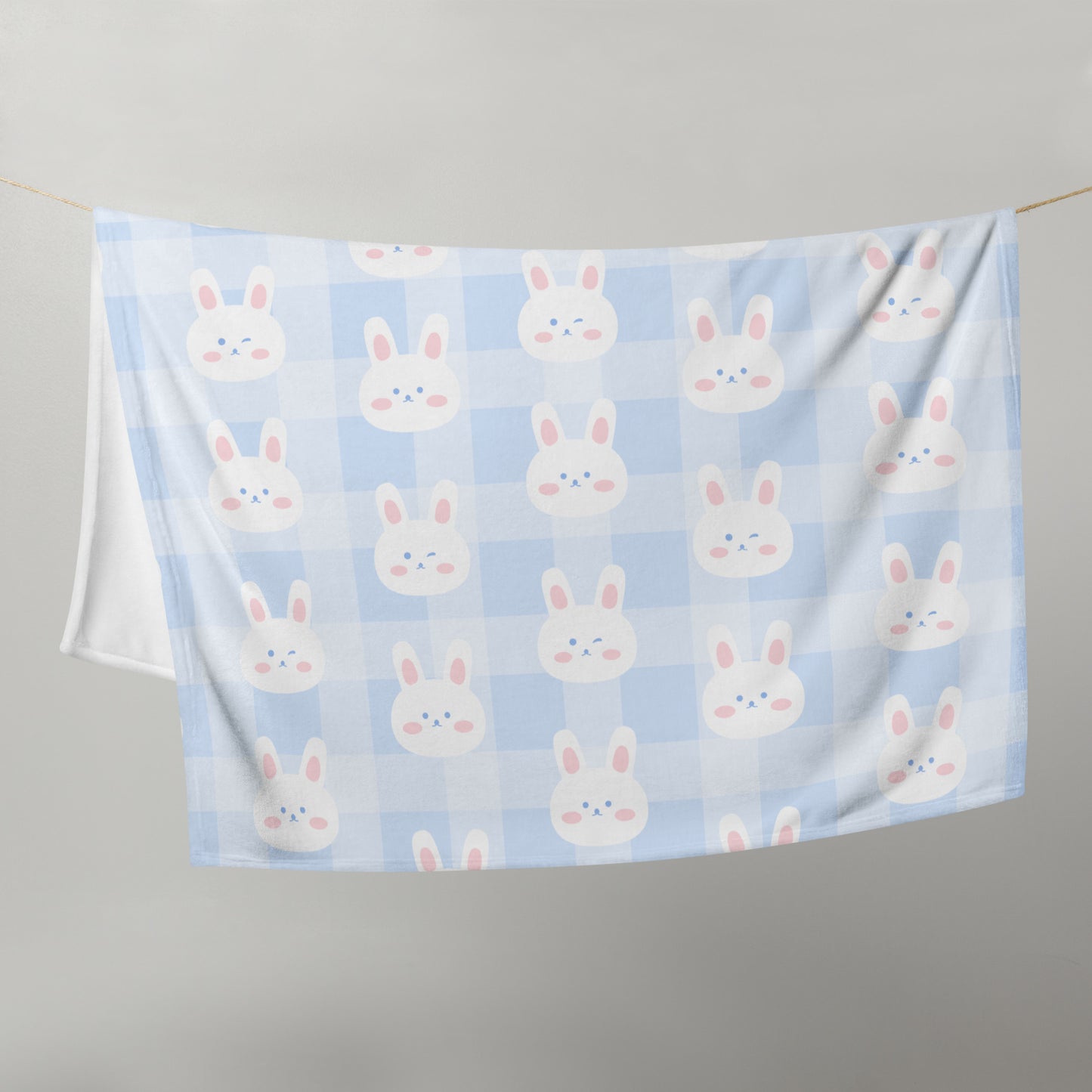 Kawaii Blue Checker Plaid White Cartoon Bunny Cute Throw Blanket