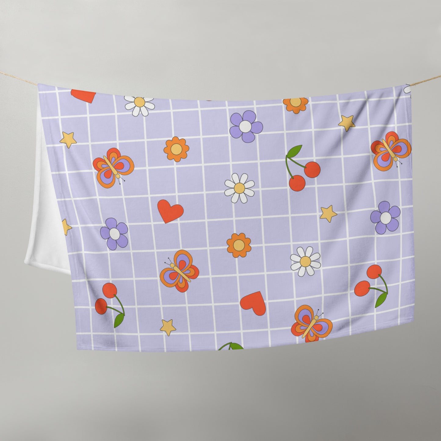 Cute Y2K Retro 90's Purple Checker Plaid Doodle Drawings Throw Blanket