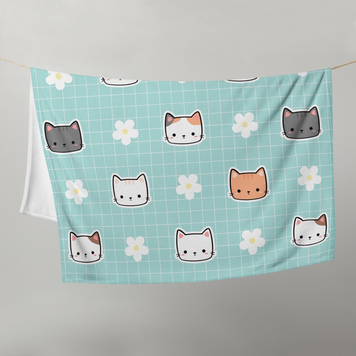 Cute 90's Y2K Retro Blue Plaid Kawaii Cat Throw Blanket