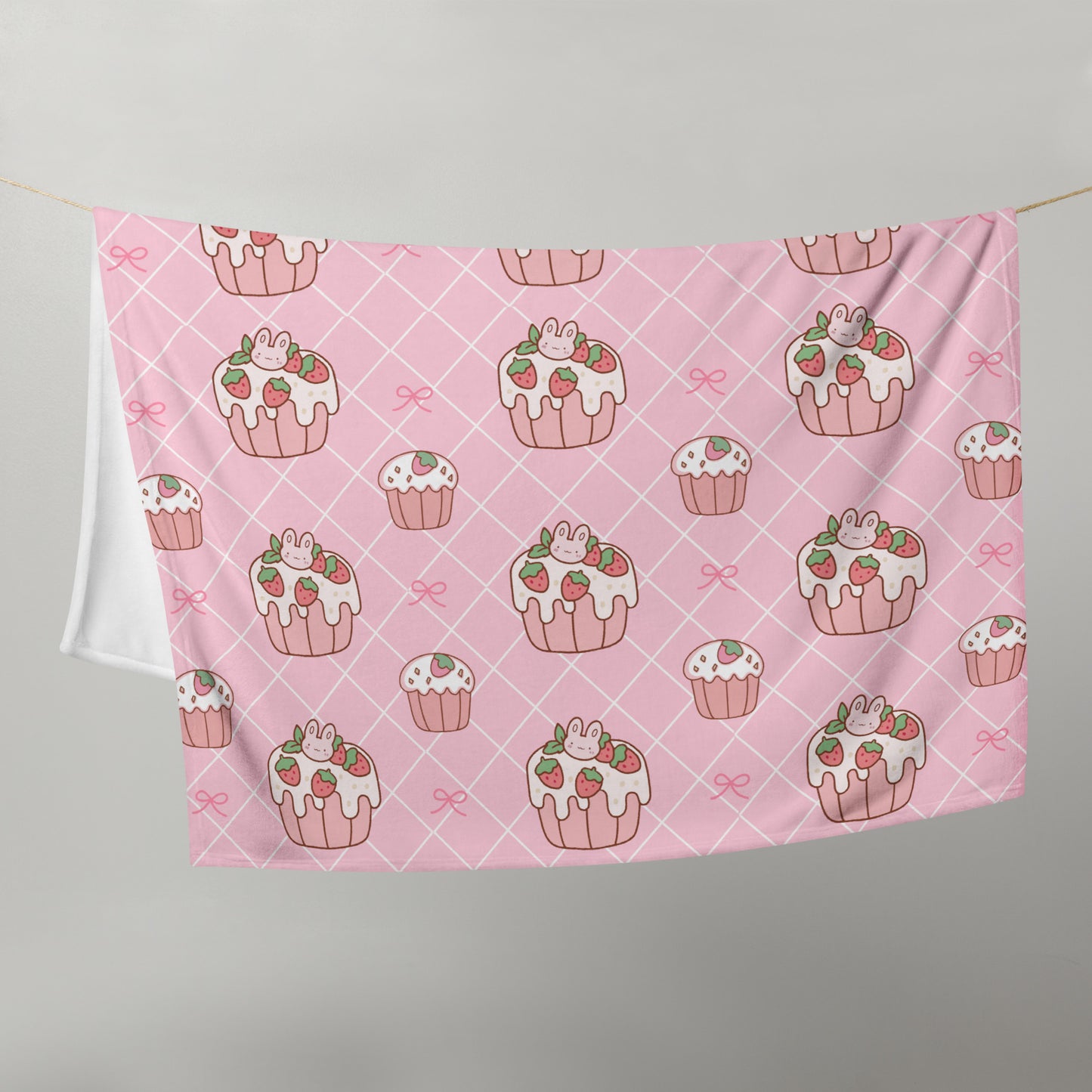 Adorable Cartoon Bunny Pink Strawberry Cake Kawaii Soft Throw Blanket