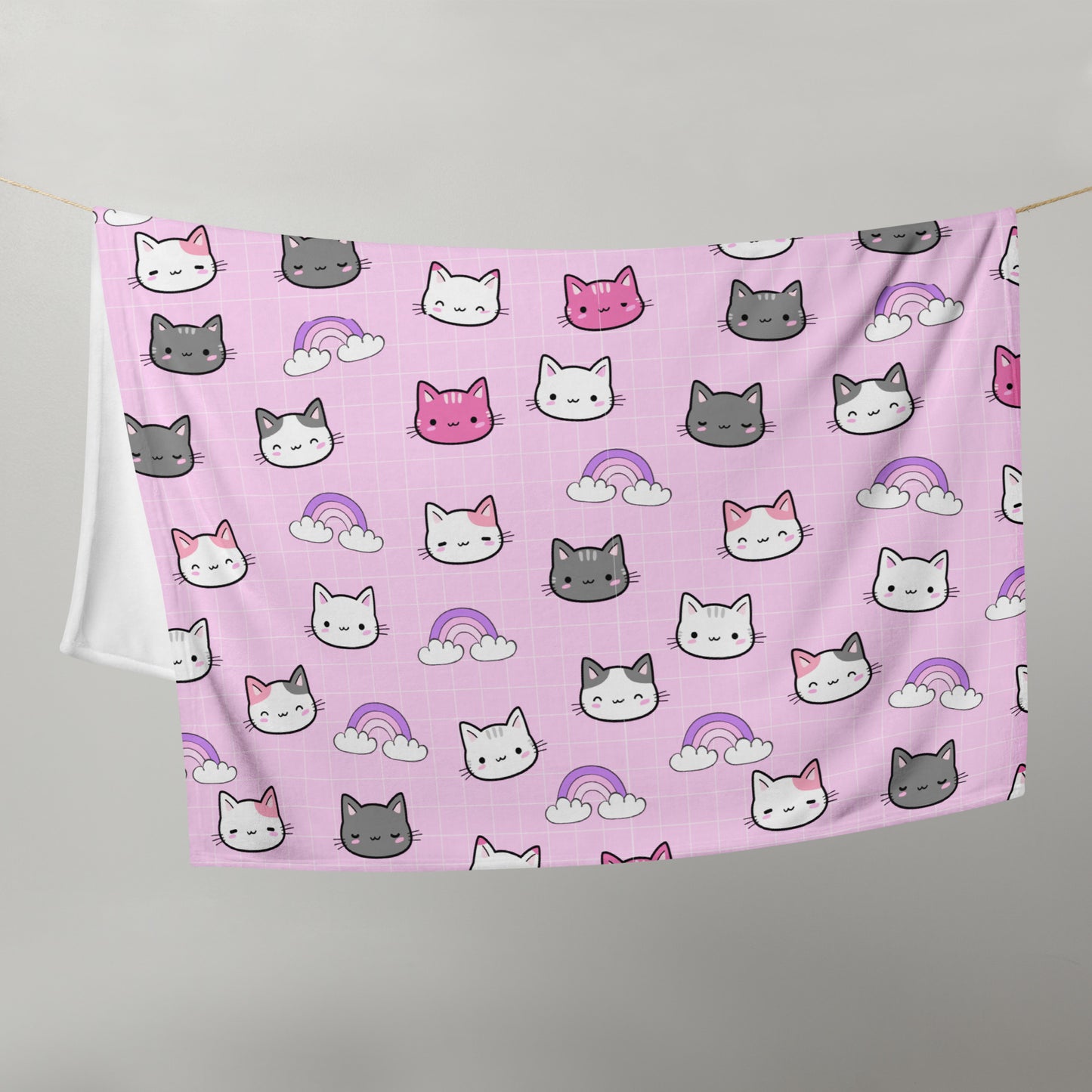 Kawaii Pink Cat Pattern Plaid Soft Throw Blanket