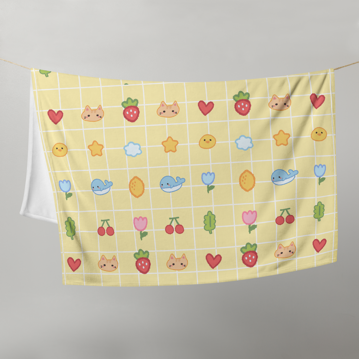 Cute Cartoon Fruit Animal Yellow Checker Plaid Kawaii Throw Blanket