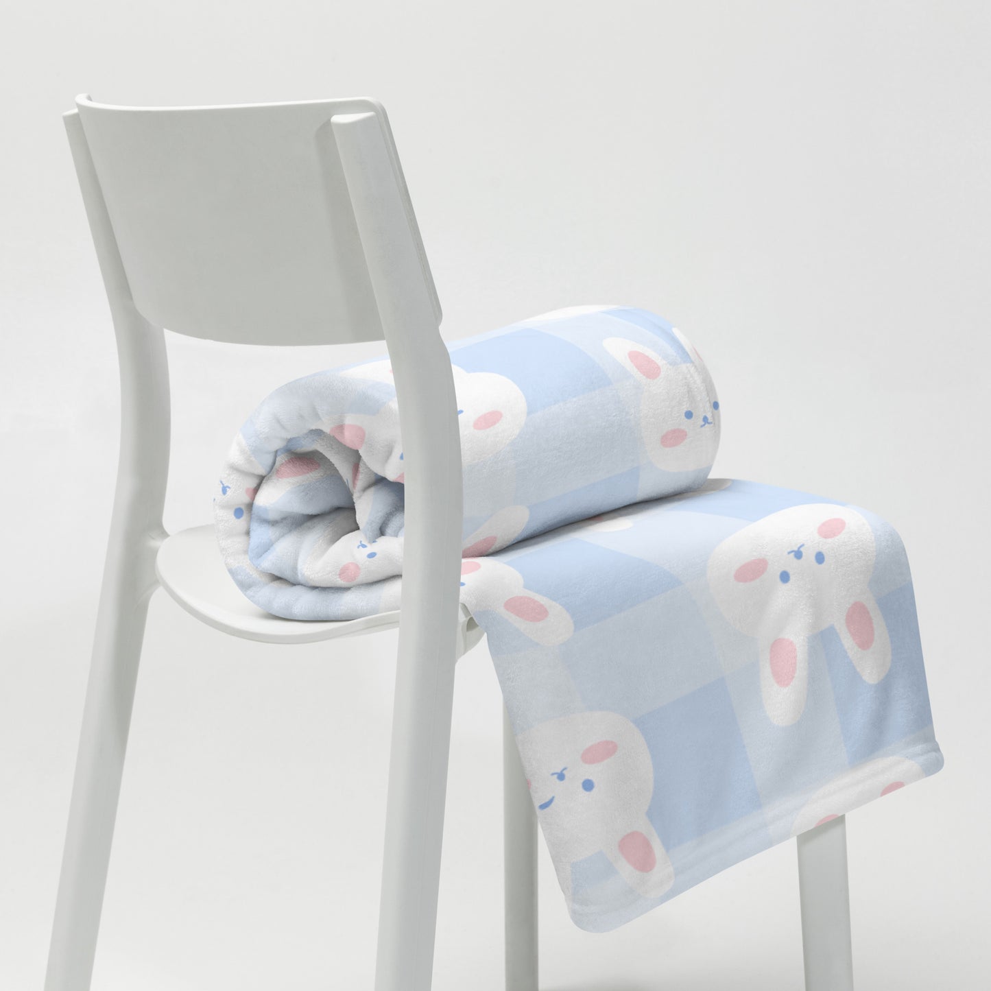 Kawaii Blue Checker Plaid White Cartoon Bunny Cute Throw Blanket