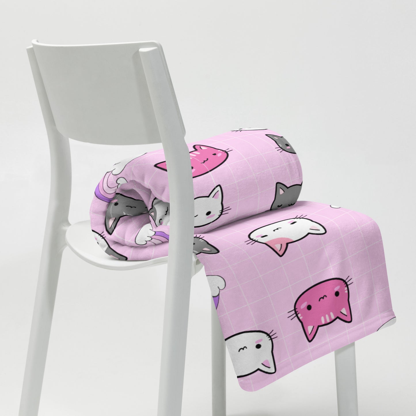 Kawaii Pink Cat Pattern Plaid Soft Throw Blanket