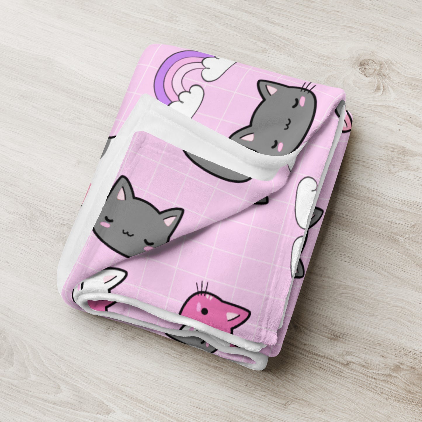 Kawaii Pink Cat Pattern Plaid Soft Throw Blanket