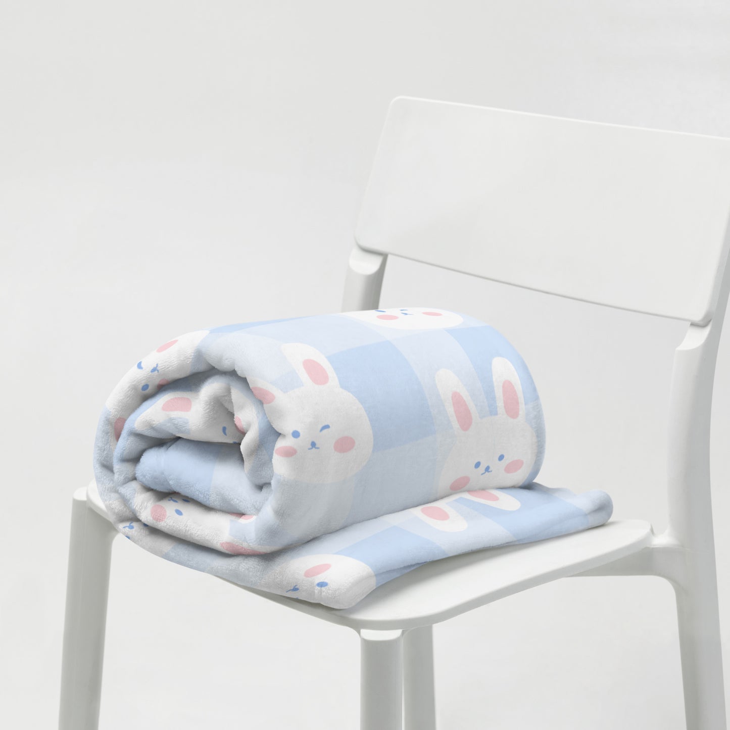 Kawaii Blue Checker Plaid White Cartoon Bunny Cute Throw Blanket