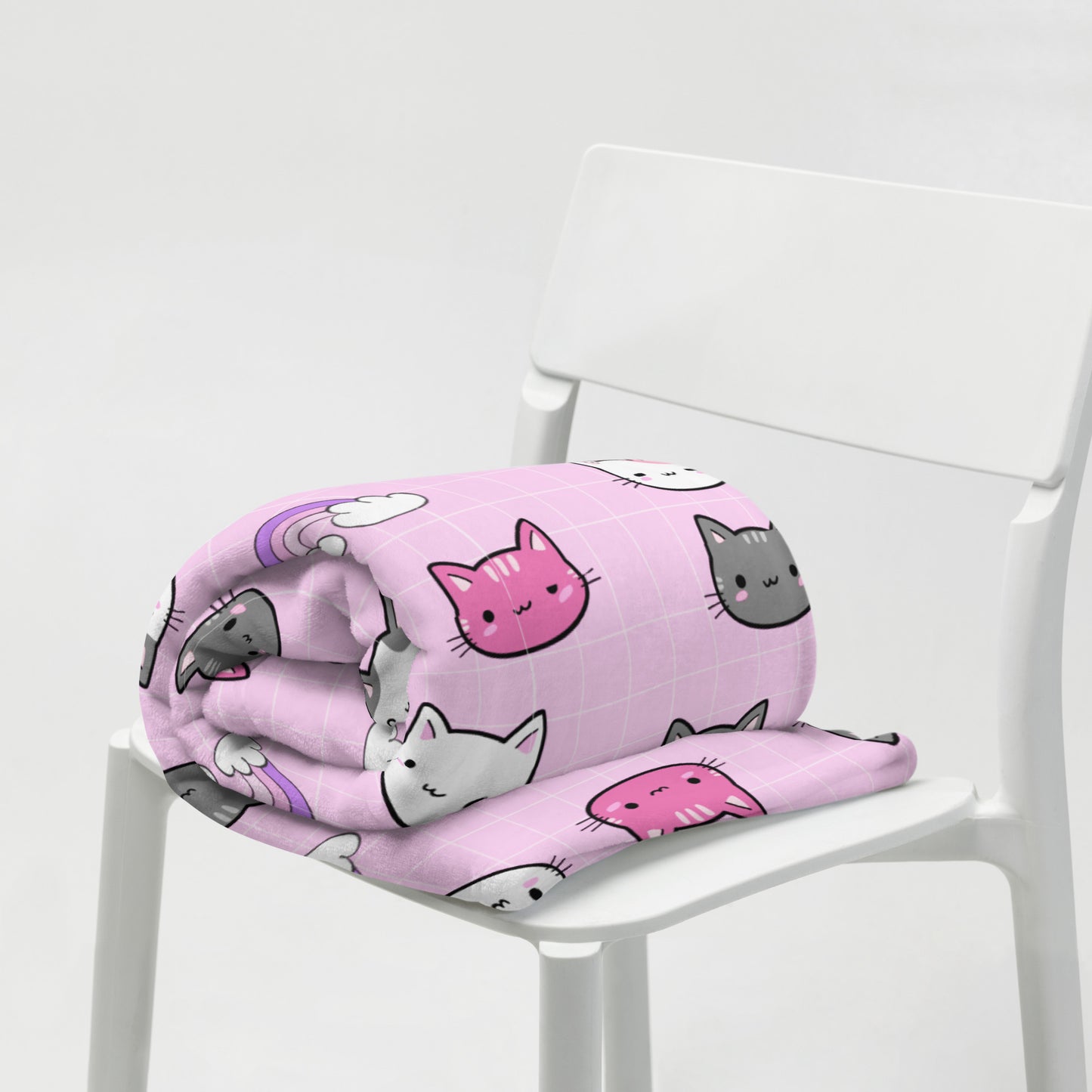 Kawaii Pink Cat Pattern Plaid Soft Throw Blanket