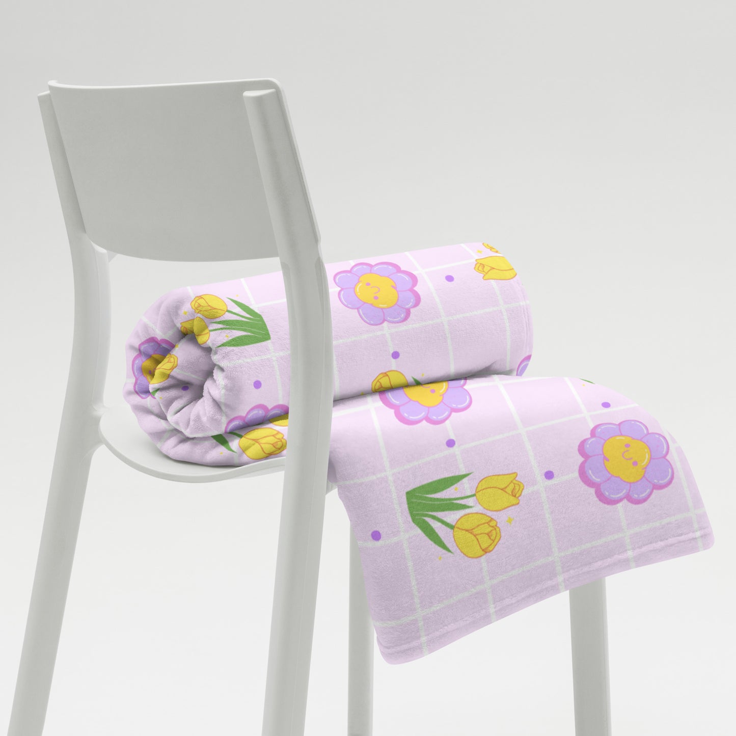 Adorable Purple Retro Checker Y2K Yellow Tulip Doodle Flower Throw Blanket