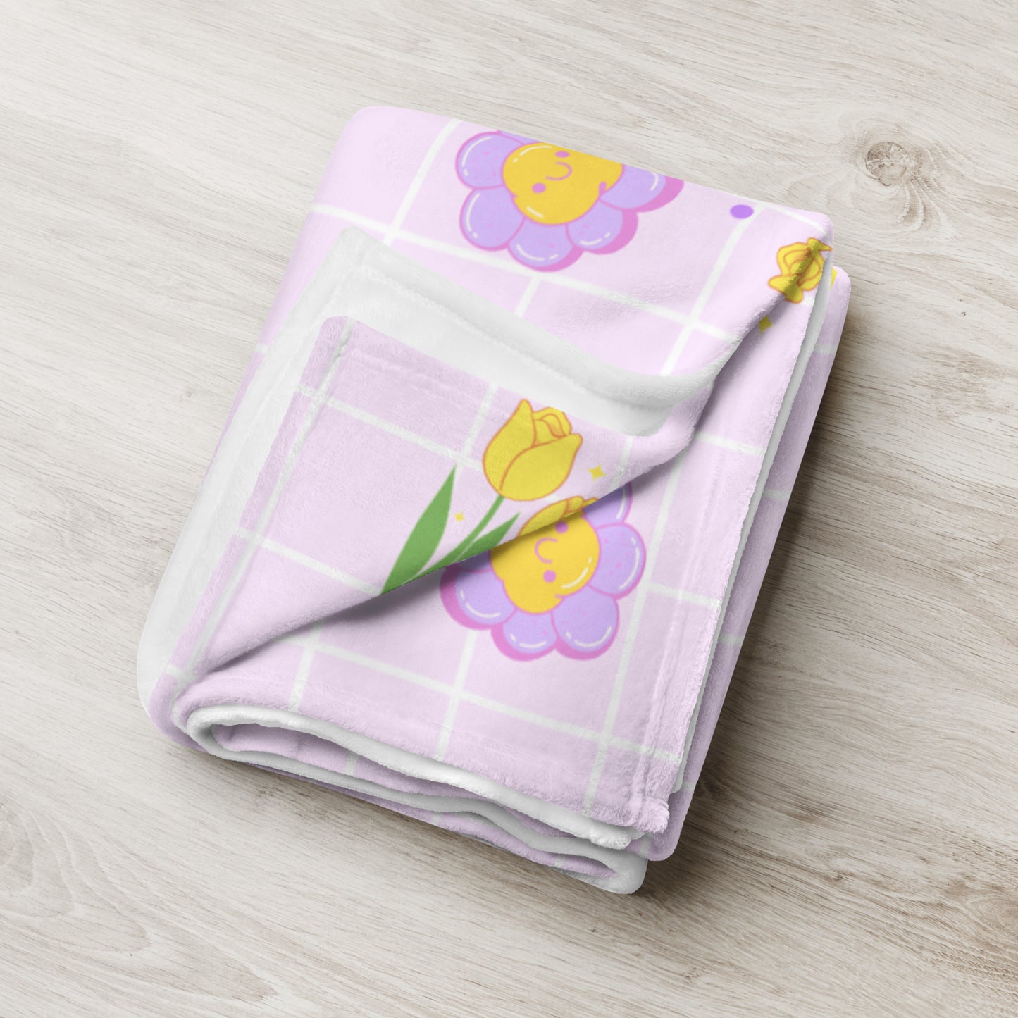 Adorable Purple Retro Checker Y2K Yellow Tulip Doodle Flower Throw Blanket