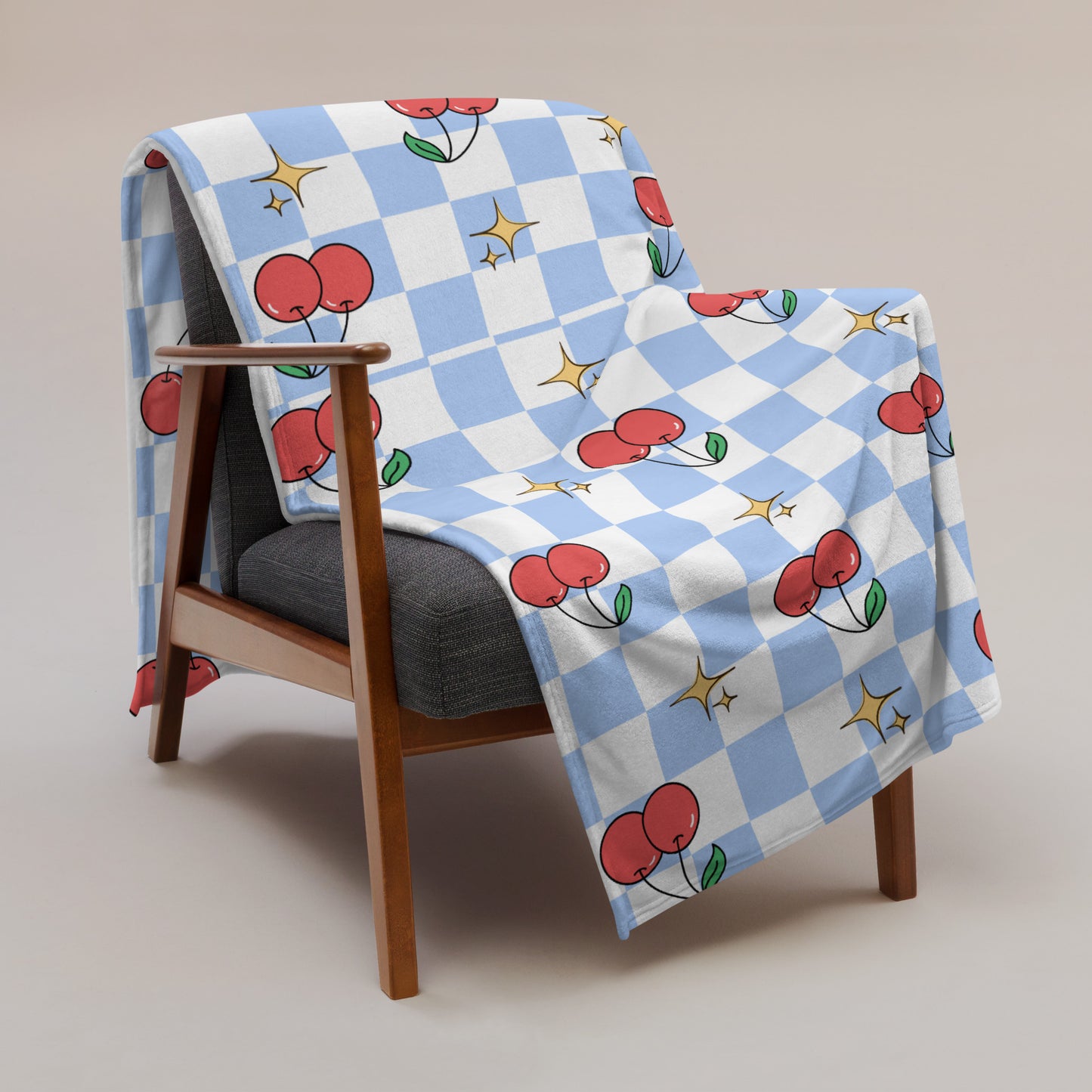 Cute Retro Blue Cherry Checker Y2K 90's Plaid Throw Blanket