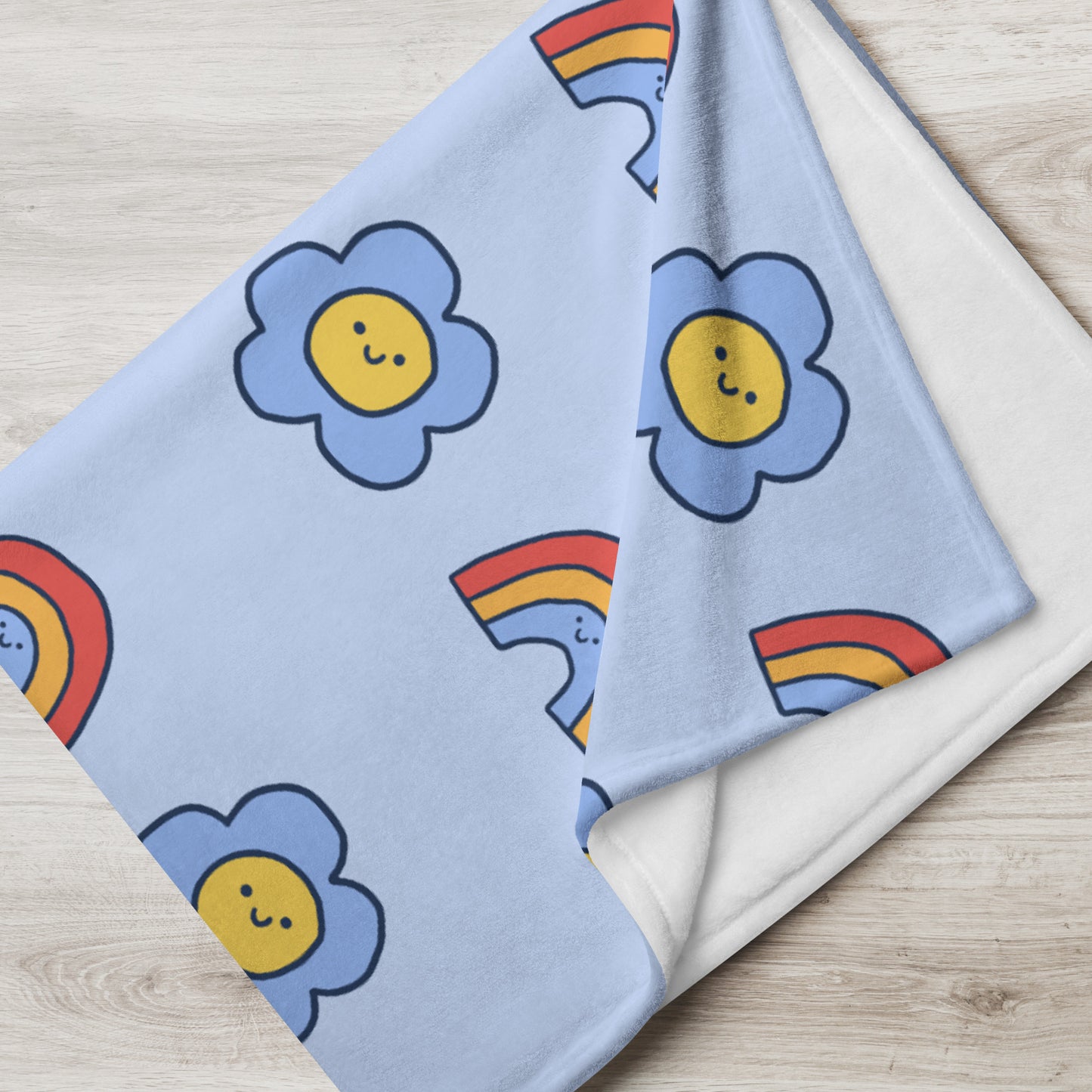 Kawaii Retro Flower Rainbow Doodle Y2K Blue Cute Throw Blanket