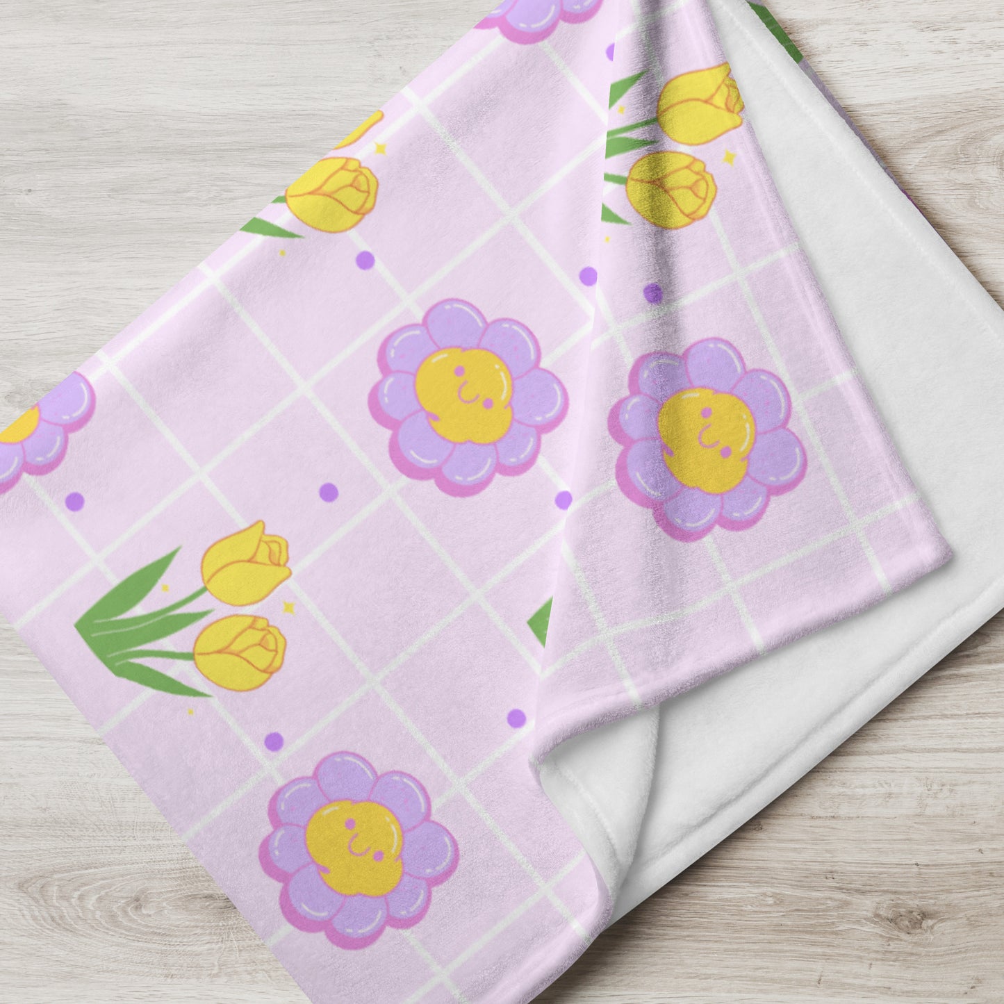 Adorable Purple Retro Checker Y2K Yellow Tulip Doodle Flower Throw Blanket