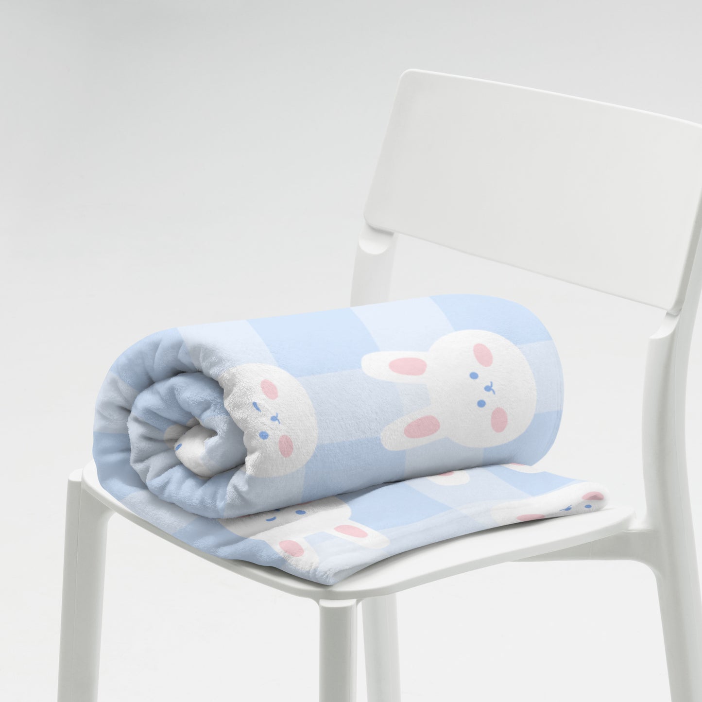 Kawaii Blue Checker Plaid White Cartoon Bunny Cute Throw Blanket