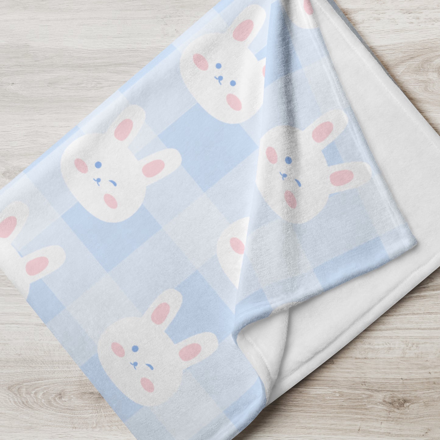 Kawaii Blue Checker Plaid White Cartoon Bunny Cute Throw Blanket