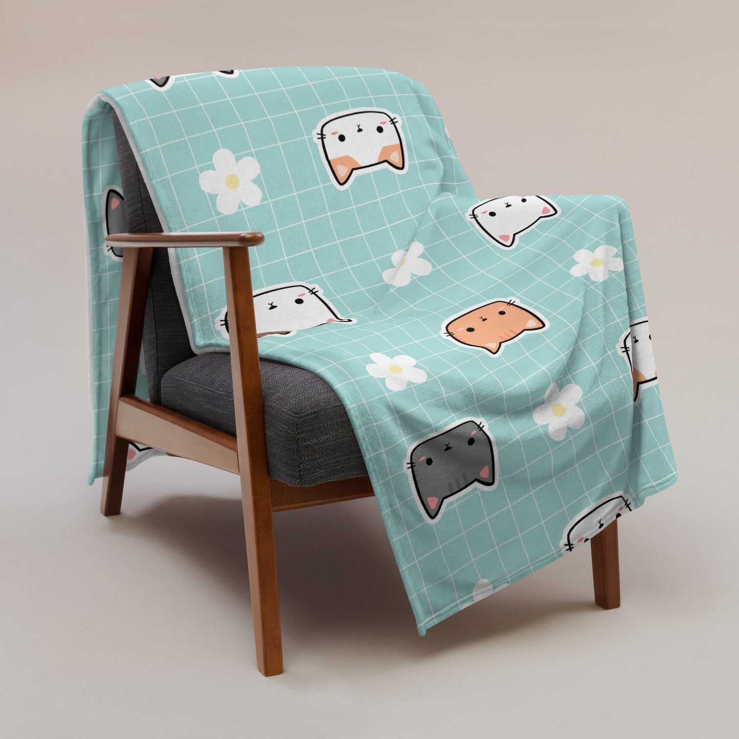 Cute 90's Y2K Retro Blue Plaid Kawaii Cat Throw Blanket