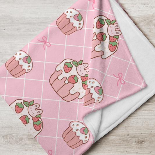 Adorable Cartoon Bunny Pink Strawberry Cake Kawaii Soft Throw Blanket