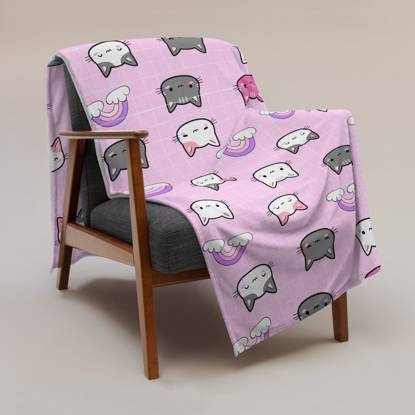 Kawaii Pink Cat Pattern Plaid Soft Throw Blanket