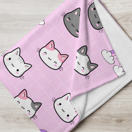 Kawaii Pink Cat Pattern Plaid Soft Throw Blanket