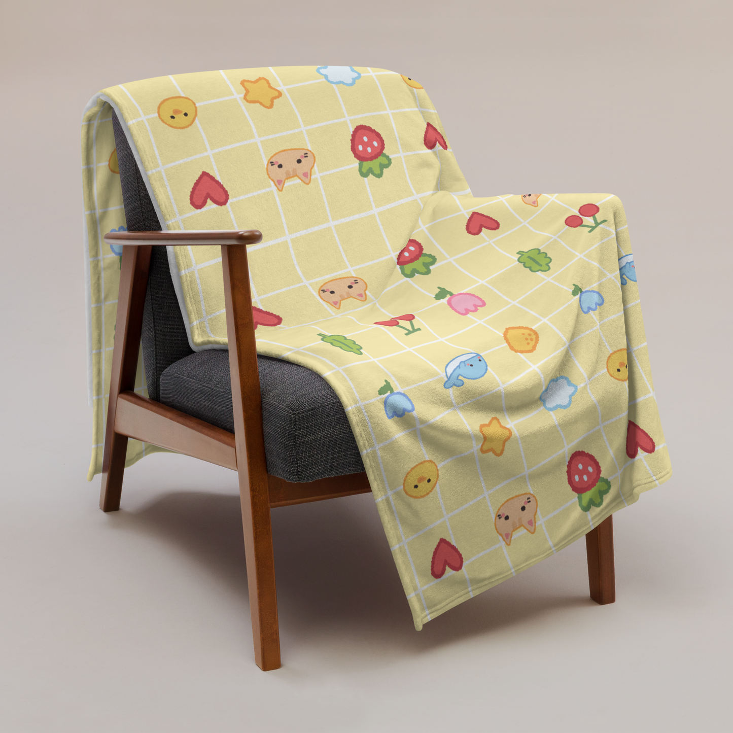 Cute Cartoon Fruit Animal Yellow Checker Plaid Kawaii Throw Blanket