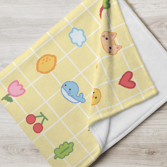 Cute Cartoon Fruit Animal Yellow Checker Plaid Kawaii Throw Blanket